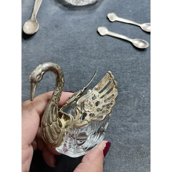 Pair of 3" Large Vtg Germany Silver & Crystal Swan Master Salt Cellars w/Spoons - Picture 9 of 16